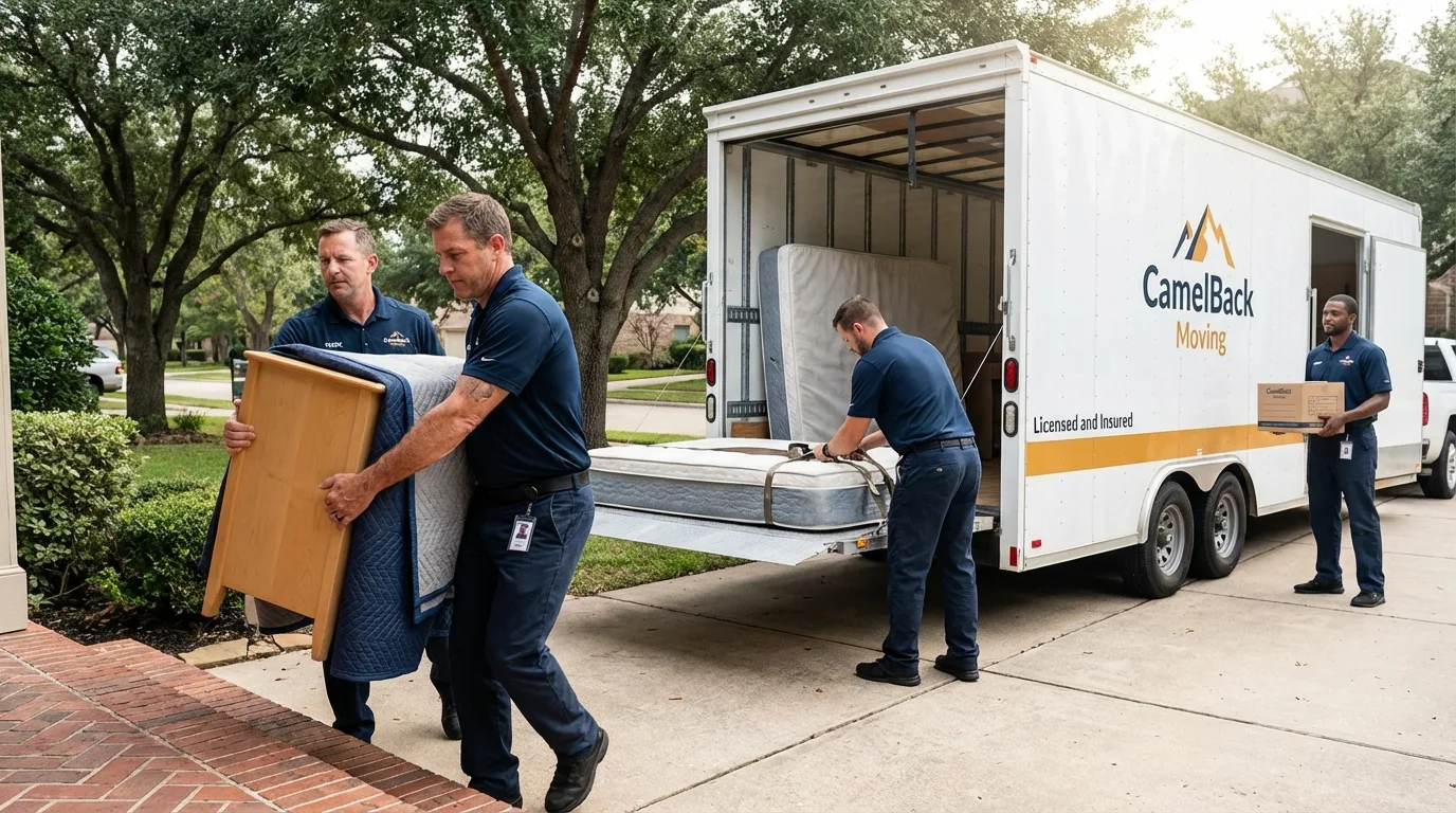 Crew loading residential truck for cross-state move from Mount Pleasant, MI