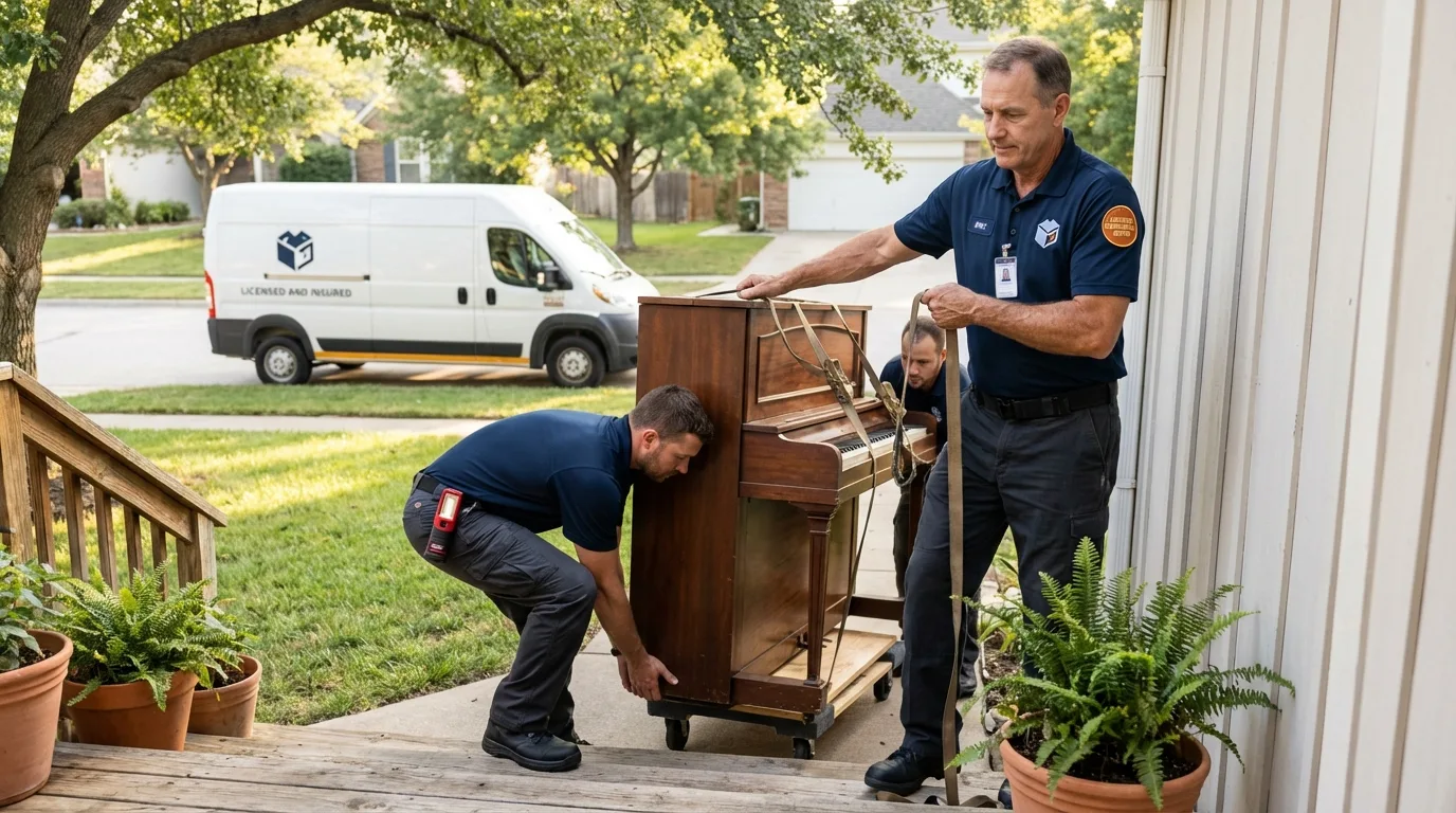 Licensed piano movers securing grand piano in Mount Pleasant, MI