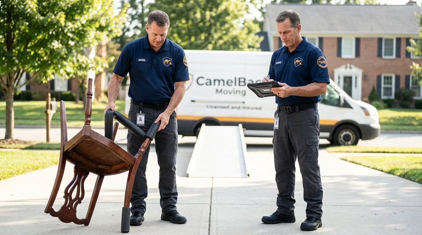 Movers inspecting furniture for damage prevention before loading in Mount Pleasant, MI